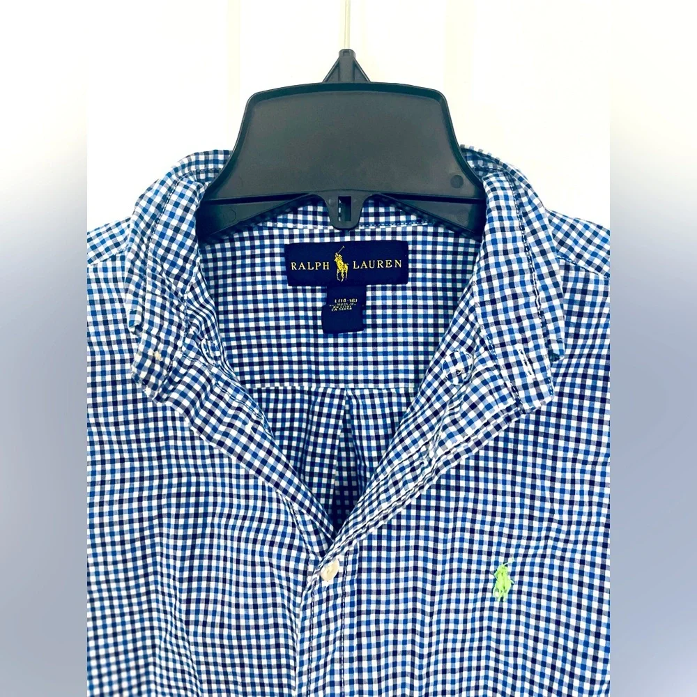 NWOT! Ralph Lauren Boy’s Blue Checkered Gingham Cotton Poplin Shirt Sz L/14-16